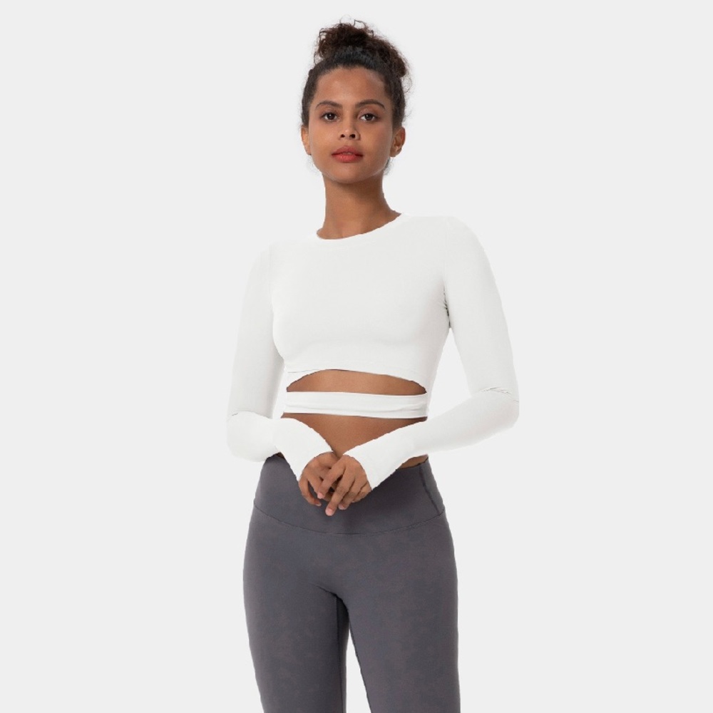Crew Neck Thumb Hole Cut Out Cropped Sports Top